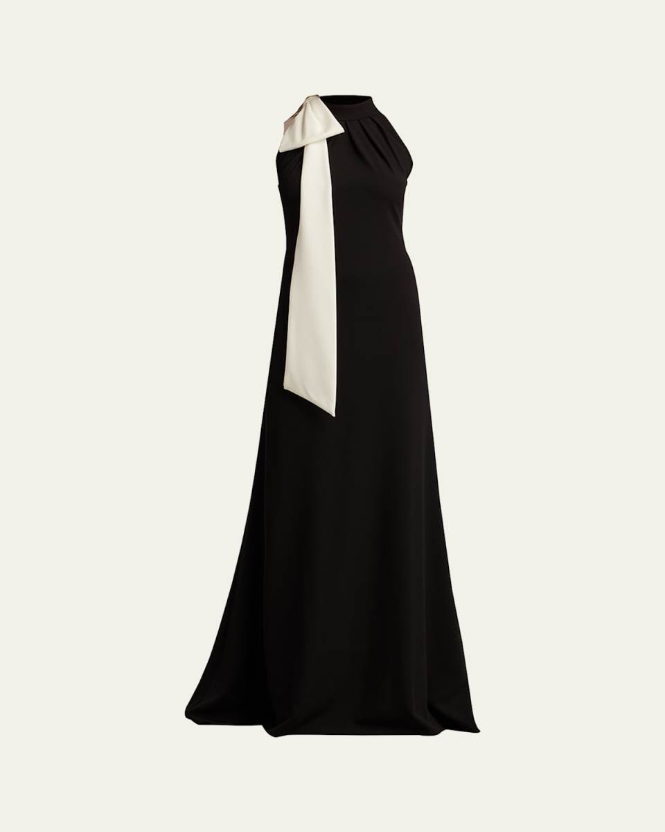 Sleeveless Mock-Neck Bow Crepe Gown